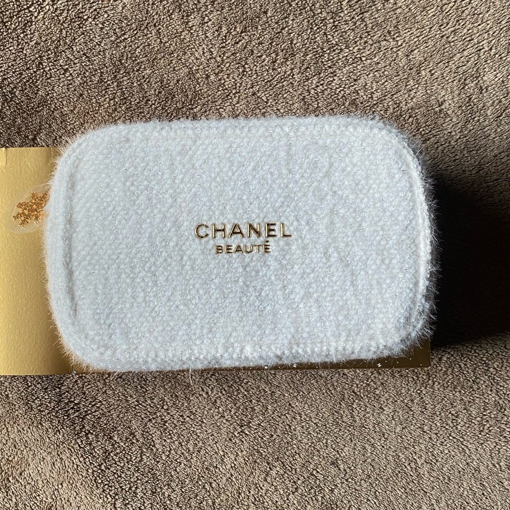 CHANEL Beauté White Fuzzy Cosmetic Pouch with Gold Logo